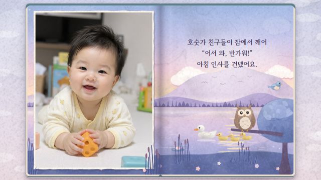 그림책 3번째 장면 — 태어난 날 — 호숫가의 아침