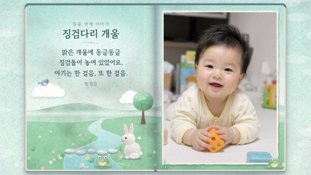 그림책 14번째 장면 — 첫 걸음 — 징검다리 개울